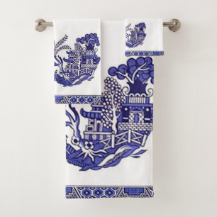 Blue & White China Blue Willow Design Bath Towel Set