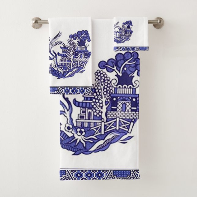 Blue & White China Blue Willow Design Bath Towel Set (Insitu)