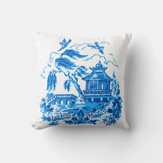 Blue & White China Blue Willow Design Cushion (Front)