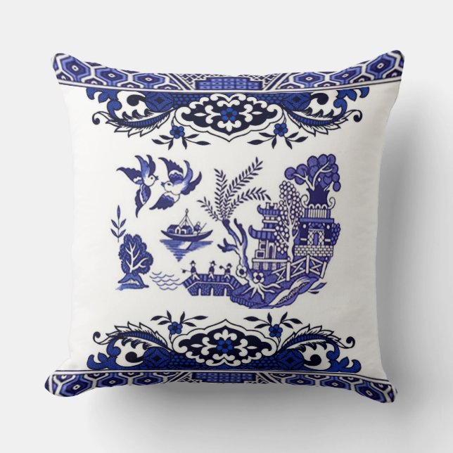 Blue & White China Blue Willow Design Cushion (Front)