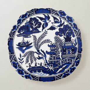 Blue & White China Blue Willow Design Round Cushion