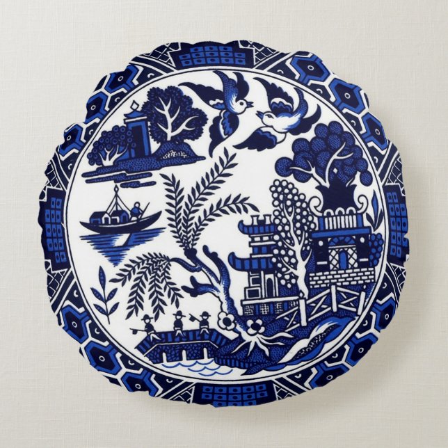 Blue & White China Blue Willow Design Round Cushion (Front)