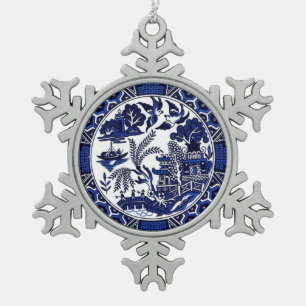 Blue & White China Blue Willow Design Snowflake Pewter Christmas Ornament