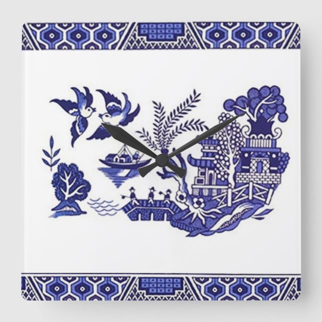 Blue & White China Blue Willow Design Square Wall Clock (Front)