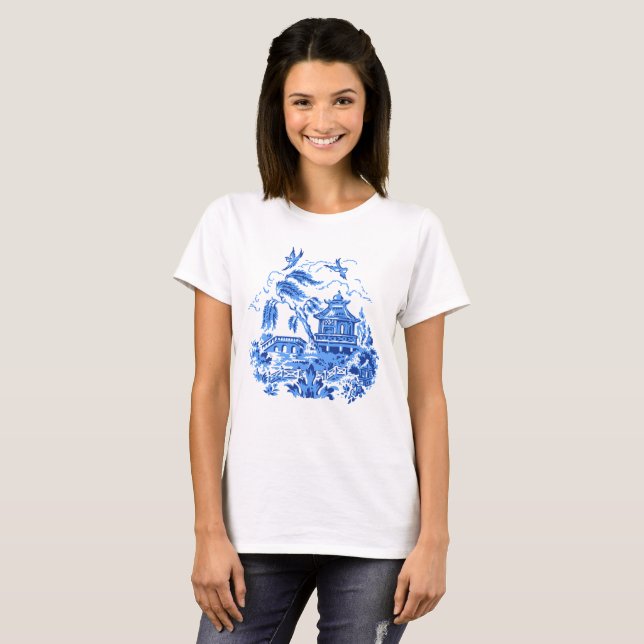 Blue & White China Blue Willow Design t-Shirt (Front Full)