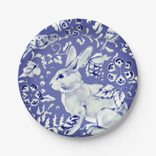 Blue White China Look Rabbit Bird Floral & Foliage Paper Plate