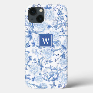 Blue White Chinoiserie Bird Peony Garden Monogram iPhone 13 Case