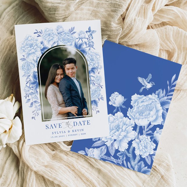 Blue White Chinoiserie Bird Peony Save the Date Invitation (Creator Uploaded)