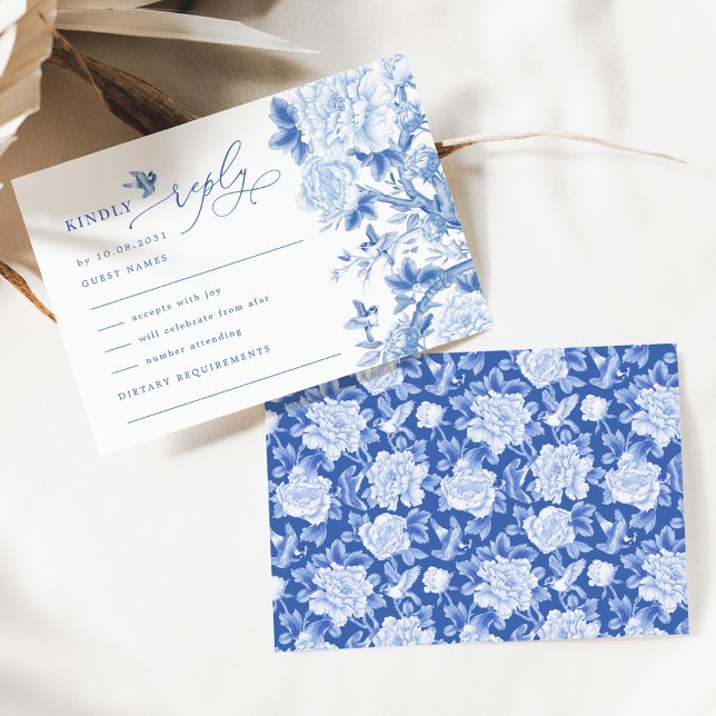 Blue White Chinoiserie Bird Peony Wedding RSVP Card (Creator Uploaded)