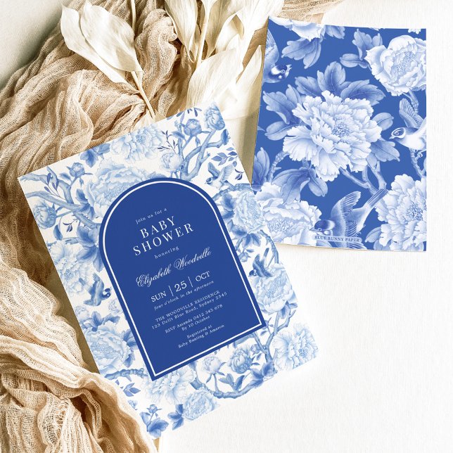 Blue White Chinoiserie Birds Flowers Baby Shower Invitation (Creator Uploaded)