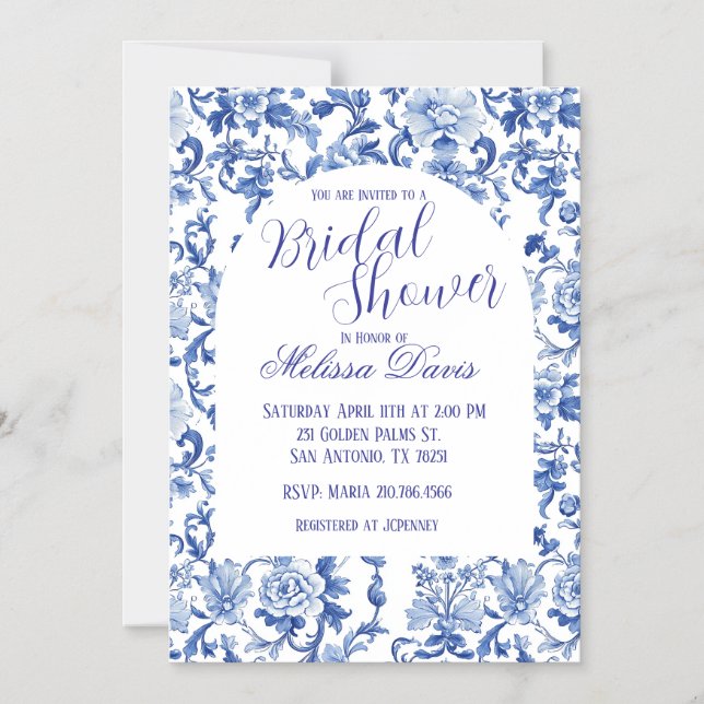Blue & White Chinoiserie Bridal Shower Invitation (Front)
