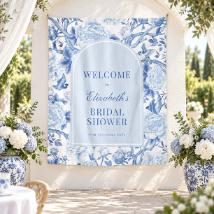 Blue White Chinoiserie Bridal Shower Welcome Tapestry