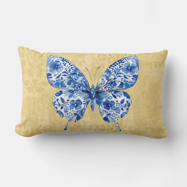  Blue White Chinoiserie Butterfly Throw Pillow (Front)