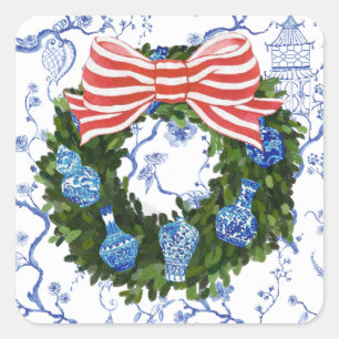 Blue & White Chinoiserie Christmas Wreath Square Sticker