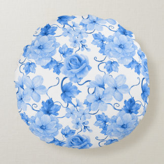 Blue & White Chinoiserie Floral Botanical Print Round Cushion