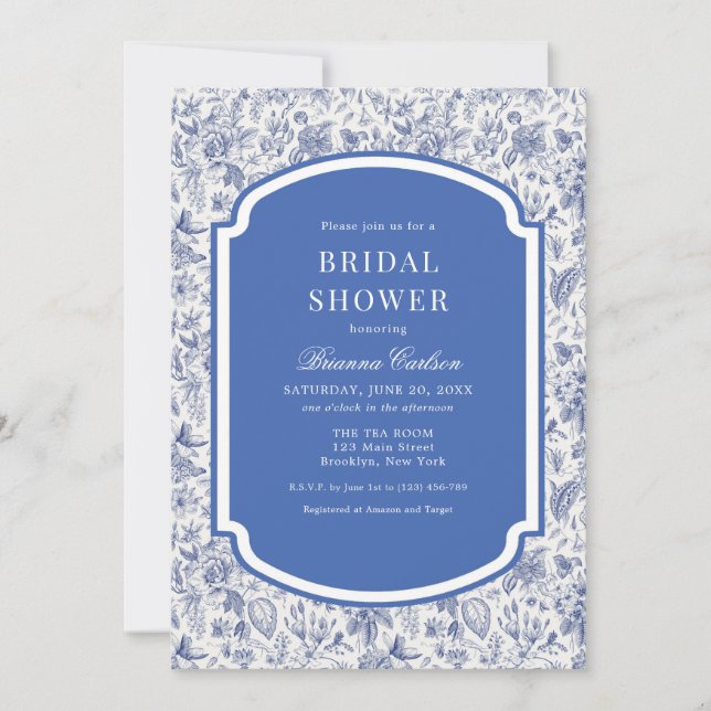 Blue White Chinoiserie Floral Bridal Shower Invitation (Front)