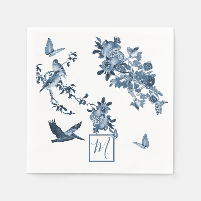 Blue White Chinoiserie Floral Chic Monogram Napkin (Front)