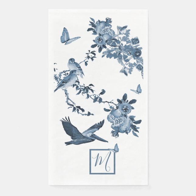 Blue White Chinoiserie Floral Elegant Monogram Napkin (Front)