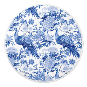 Blue White Chinoiserie Floral Peacock Birds Ceramic Knob