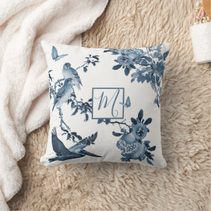Blue White Chinoiserie Floral Stylish Monogram Cushion