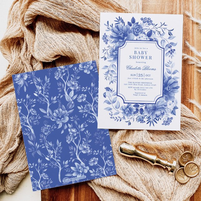 Blue White Chinoiserie Flower Garden Baby Shower Invitation (Creator Uploaded)