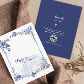 Blue White Chinoiserie Garden Wedding QR Code RSVP Card