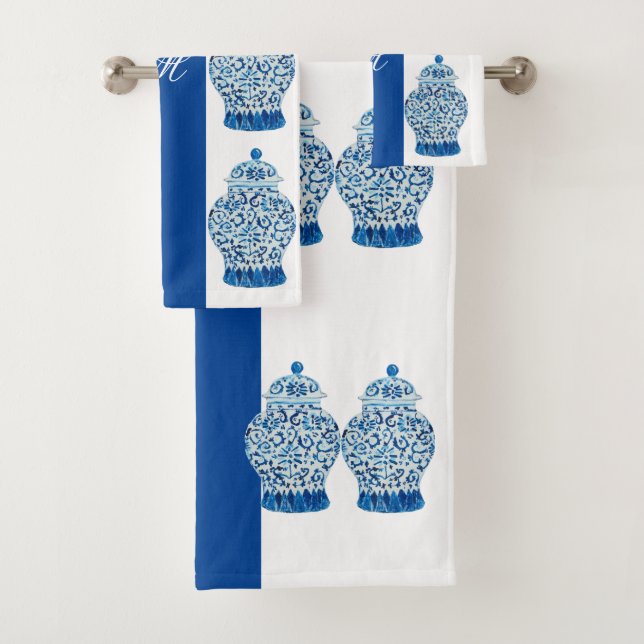 Blue White Chinoiserie Ginger Jar Jars  Bath Towel Set (Insitu)
