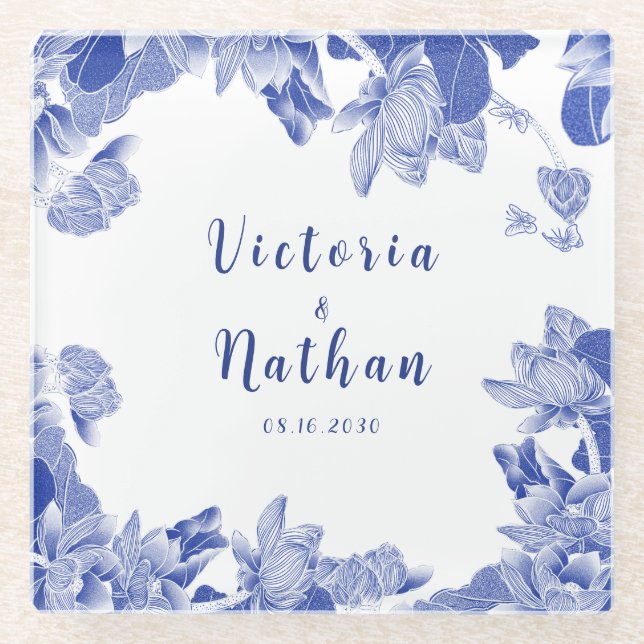 Blue & White Chinoiserie Lotus Floral Wedding  Glass Coaster (Front)