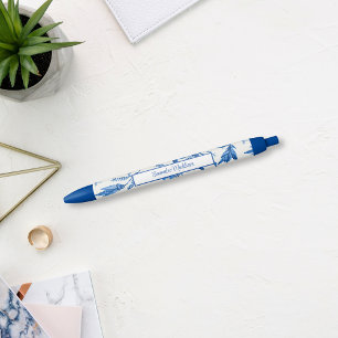 Blue White Chinoiserie Monogram Floral Vine Ink Pen