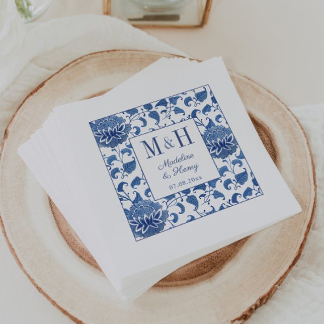 Blue & White Chinoiserie Monogram Wedding Party Napkin (Blue and white monogram wedding shower napkins with Chinoiserie chic blue and white pattern)