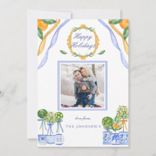 Blue White Chinoiserie Orange Christmas Photo Holiday Card