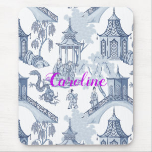 Blue & White Chinoiserie Pattern with Monogram Mouse Pad
