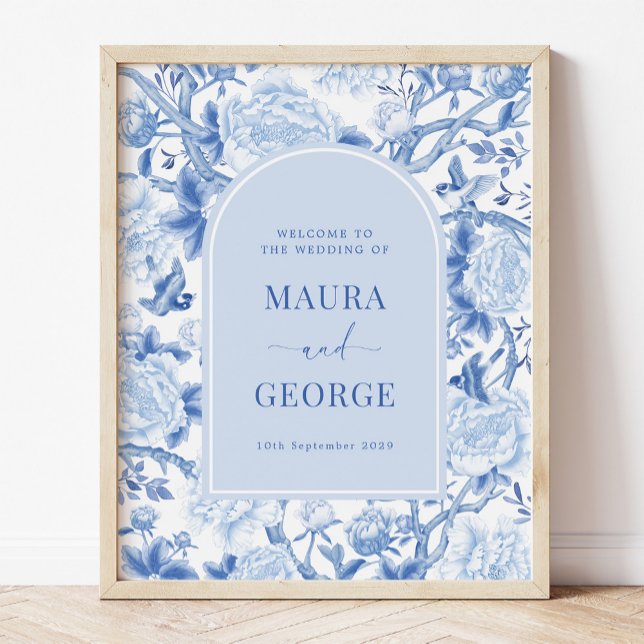 Blue White Chinoiserie Peony Bird Wedding Welcome Poster (Creator Uploaded)