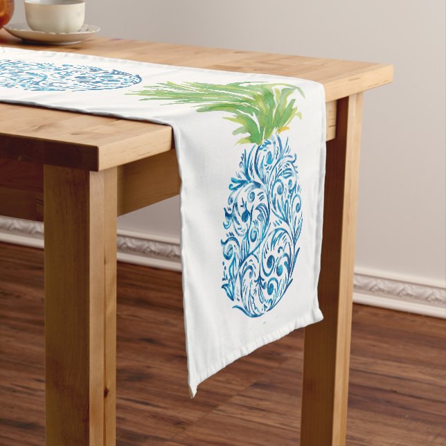 Blue & White Chinoiserie Pineapple Preppy Coastal Short Table Runner (In Situ)