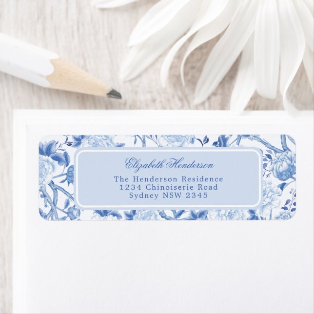 Blue White Chinoiserie Porcelain Return Address Label (Insitu)