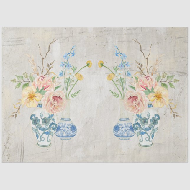 Blue White Chinoiserie Rose Peony Floral Bouquet Tissue Paper (Front)