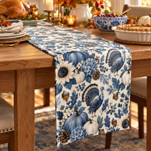 Blue White Chinoiserie Thanksgiving Turkey Floral Short Table Runner
