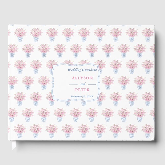 Blue White Chinoiserie With Pink Blossoms Wedding Guest Book (Front)