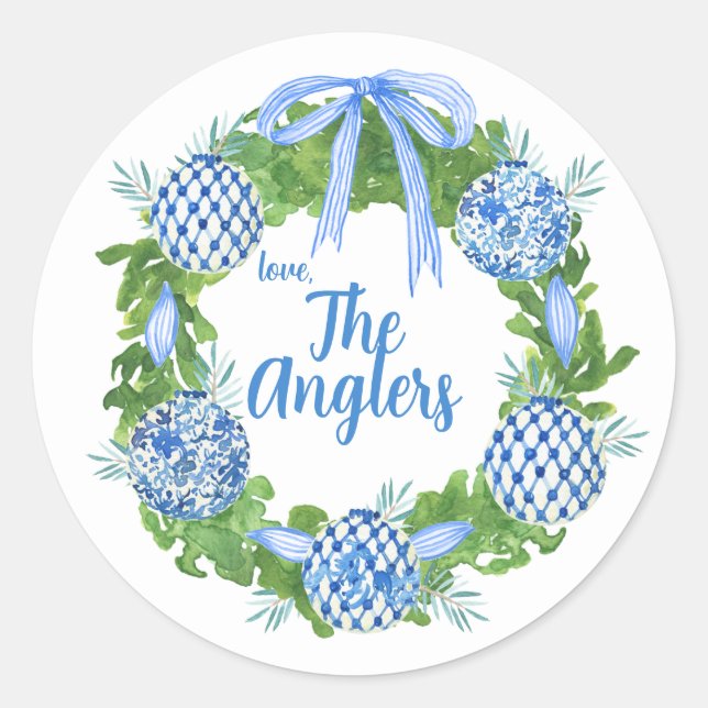 Blue & White Chinoiserie Wreath Grandmillenial Classic Round Sticker (Front)