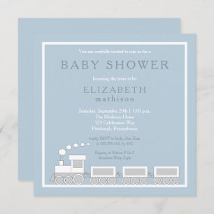 Blue   White Choo Choo Train Boy Baby Shower Invitation
