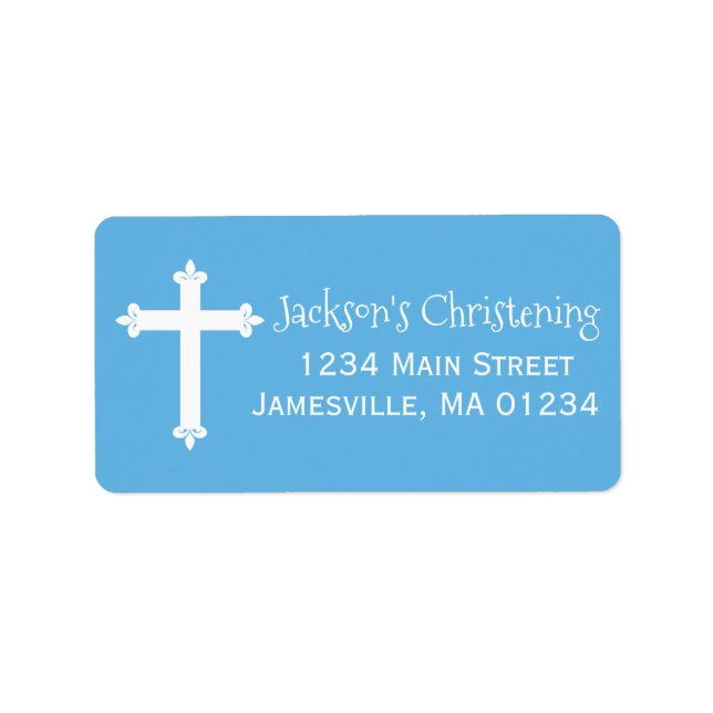 Blue, White Christening  Address Labels with Cross (Front)