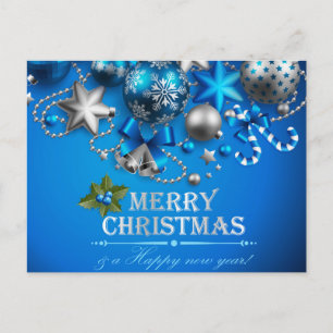 Blue & White Christmas Balls, Candy Cane, Stars, Holiday Postcard