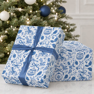 Blue White Christmas Holiday Pattern Wrapping Paper
