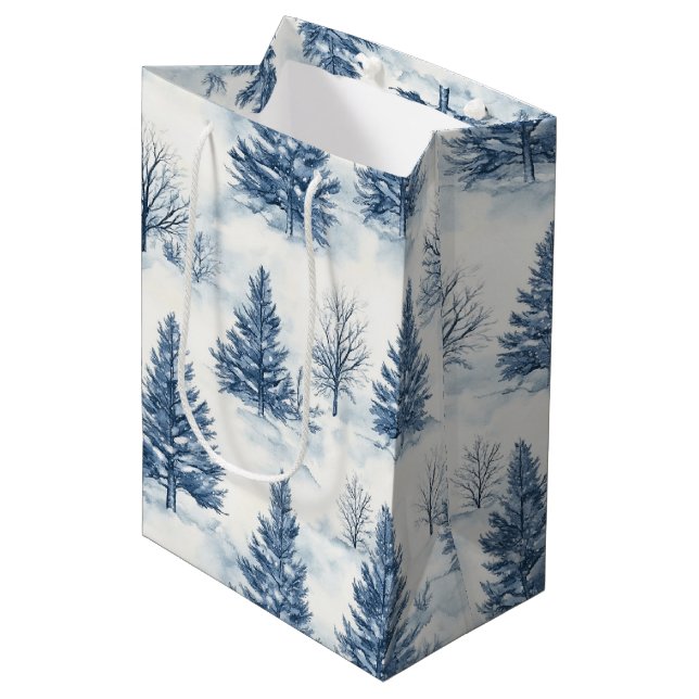 Blue White Christmas Pine Trees Medium Gift Bag (Front Angled)