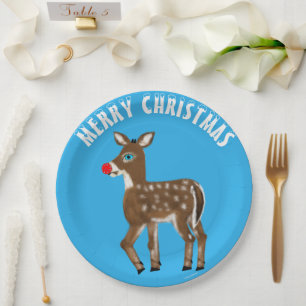 Blue White Christmas Reindeer Paper Plate