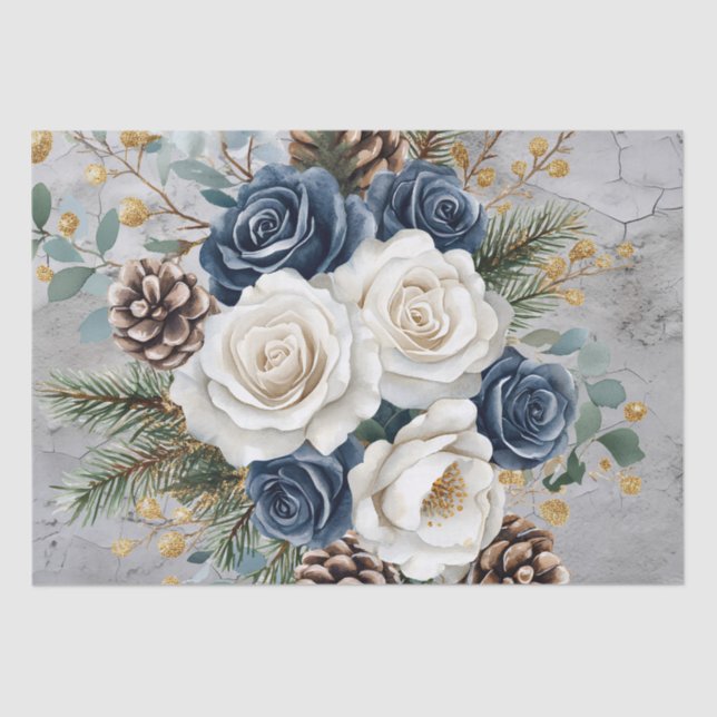 Blue & White Christmas Roses Distressed Background Tissue Paper (Front)