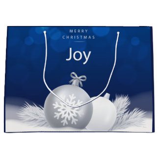Blue white Christmas snow baubles joy snowflake Large Gift Bag