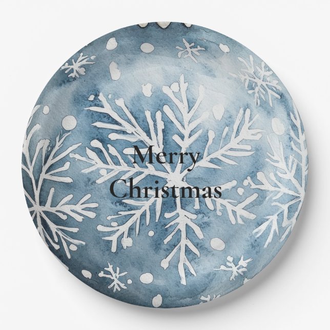 Blue White Christmas Snowflakes Ornaments Paper Plate (Front)
