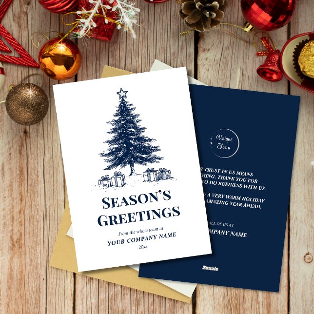 Blue & White Christmas Tree Custom Business Logo  Holiday Card (Creator Uploaded)