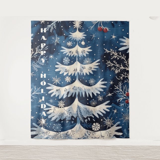 Blue White Christmas Tree Holiday Backdrop Tapestry (Front)